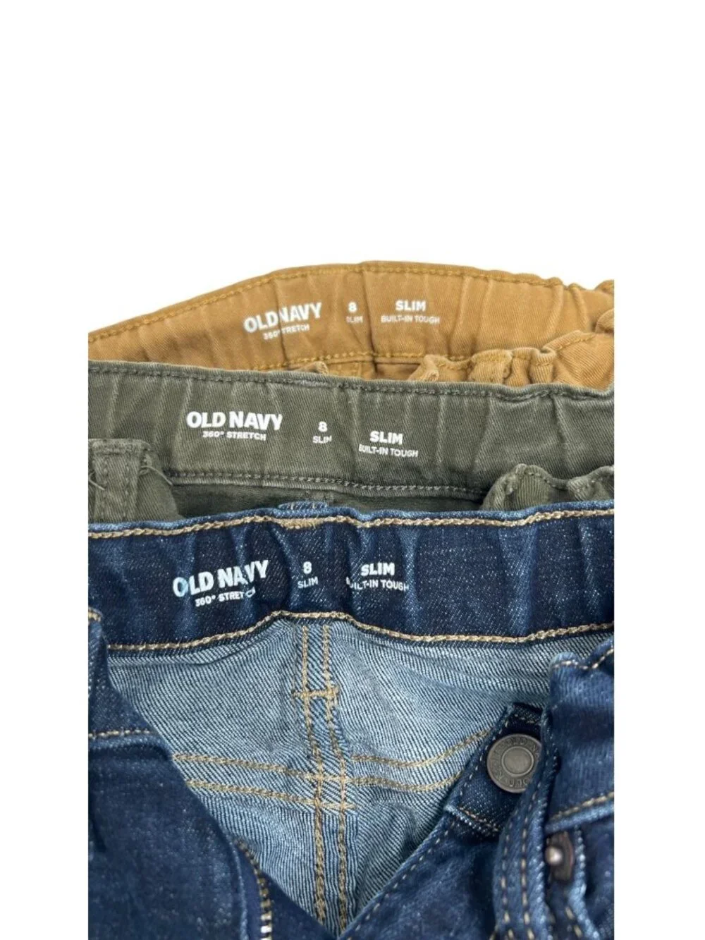 Lot of 3 Old Navy Boys Slim Stretch Jeans Pants Olive Green. Brown Blue Denim 8
